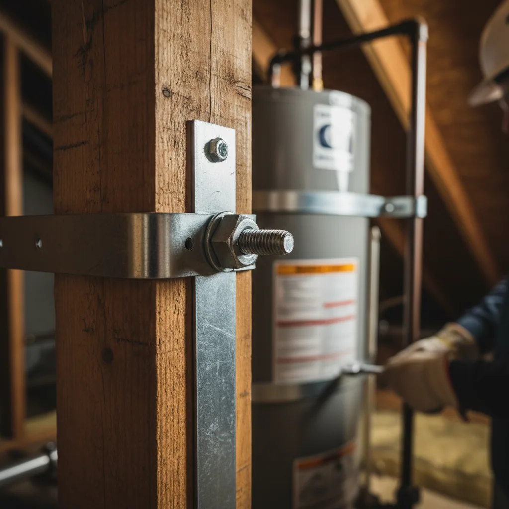 Close-up of seismic bracing requirements for attic water heaters in the Bay Area