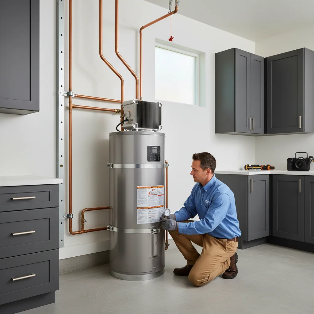 A professional zero-emission water heater installation in a Bay Area home to comply with the 2027 gas water heater ban
