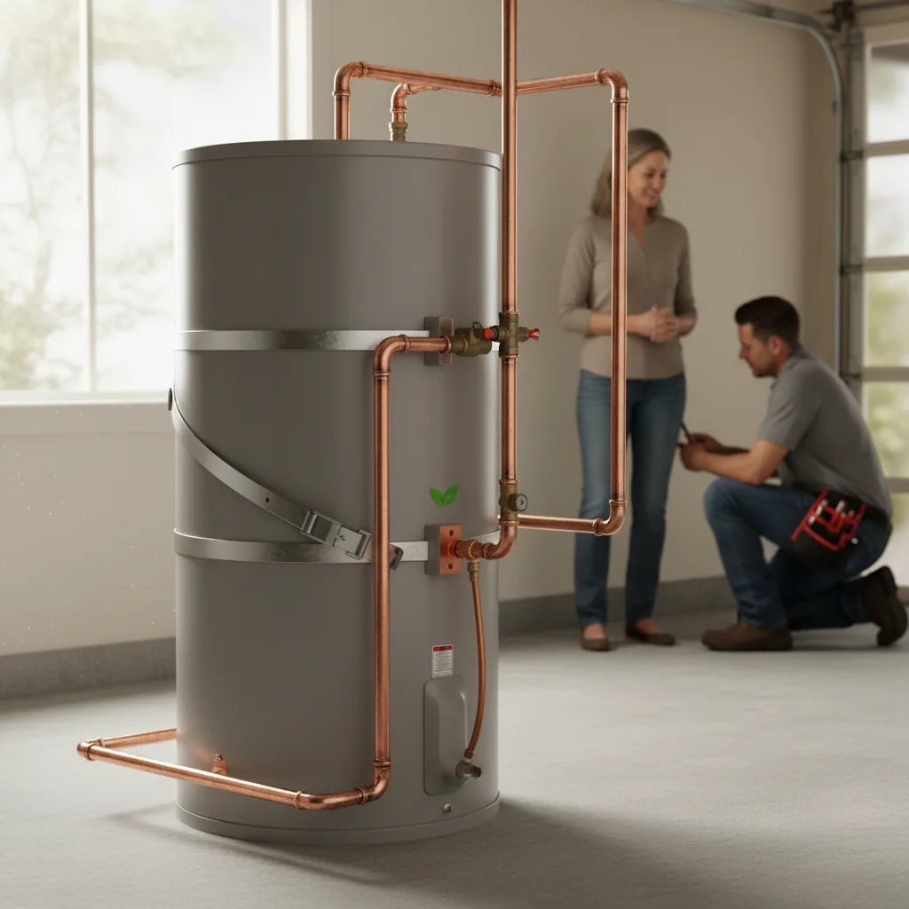 Modern heat pump water heater installation with seismic strapping in a Bay Area home