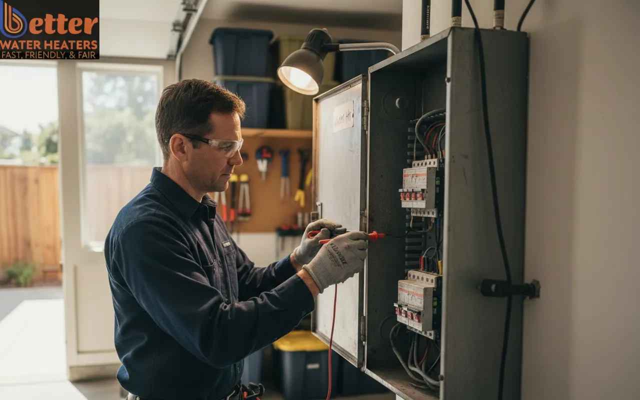 Electrician inspecting electrical panel water heater circuit in a Bay Area home