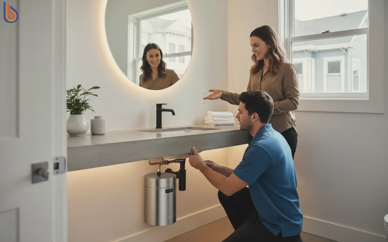 Compact point-of-use water heater installed under a bathroom sink for instant hot water
