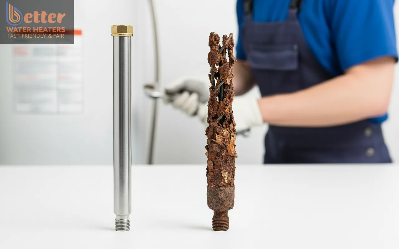 Comparison of new and corroded anode rods to prevent rusty hot water