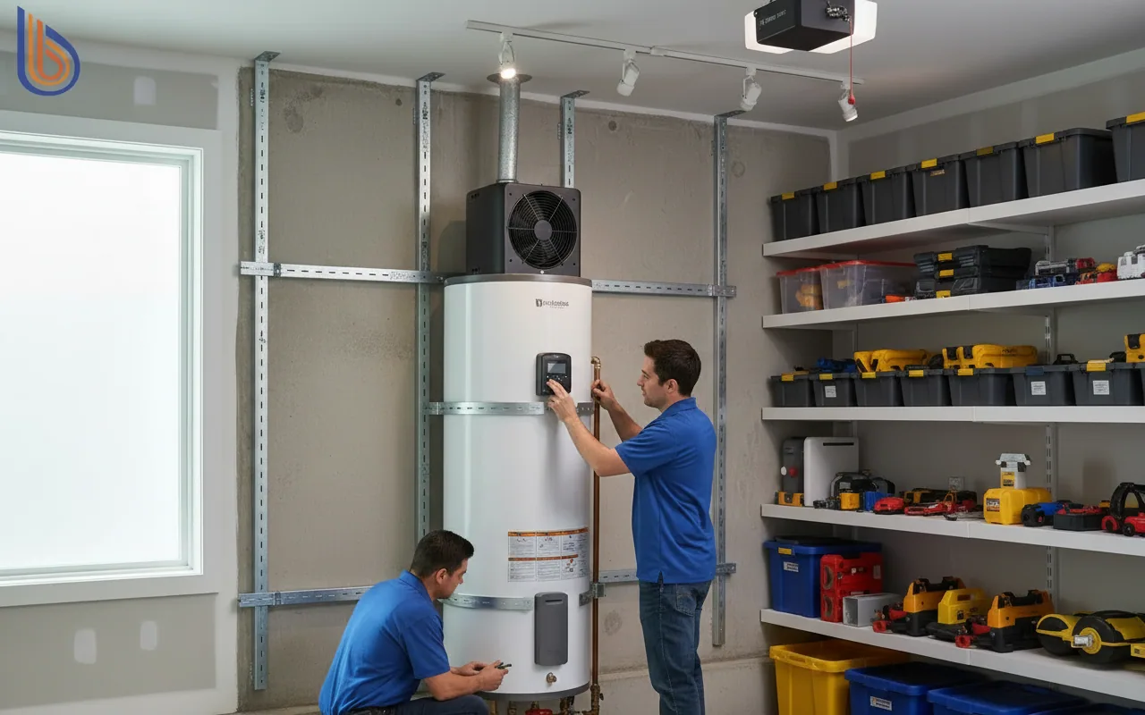 Heat Pump vs. Tankless installation showing a hybrid unit with seismic strapping in a San Francisco home