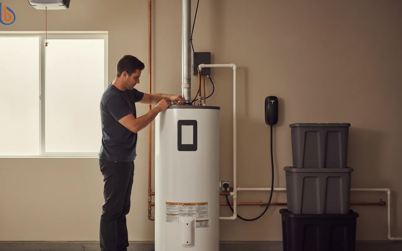Professional hybrid water heater transition installation in a Bay Area garage
