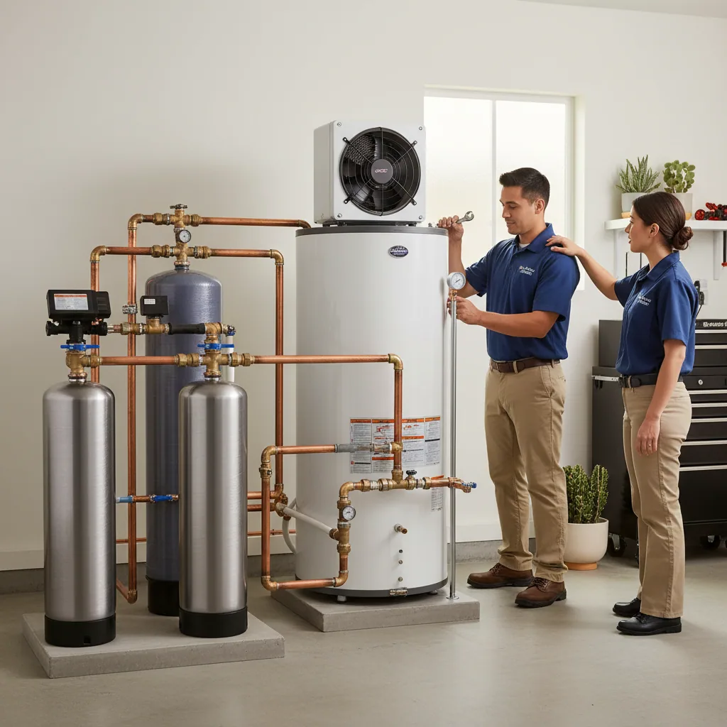 Modern water heater filtration system installed in a Bay Area home