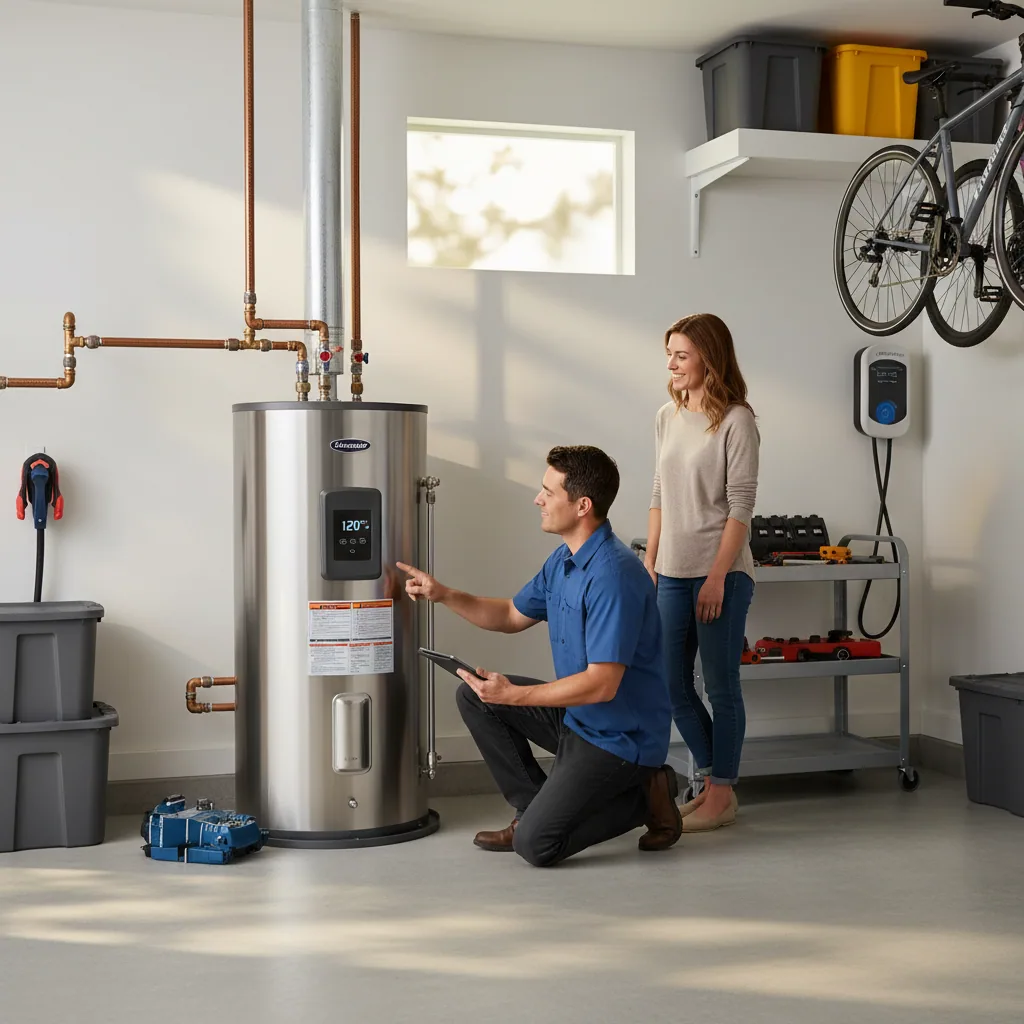 Modern heat pump water heater installation in a Bay Area home ahead of the 2027 gas water heater ban