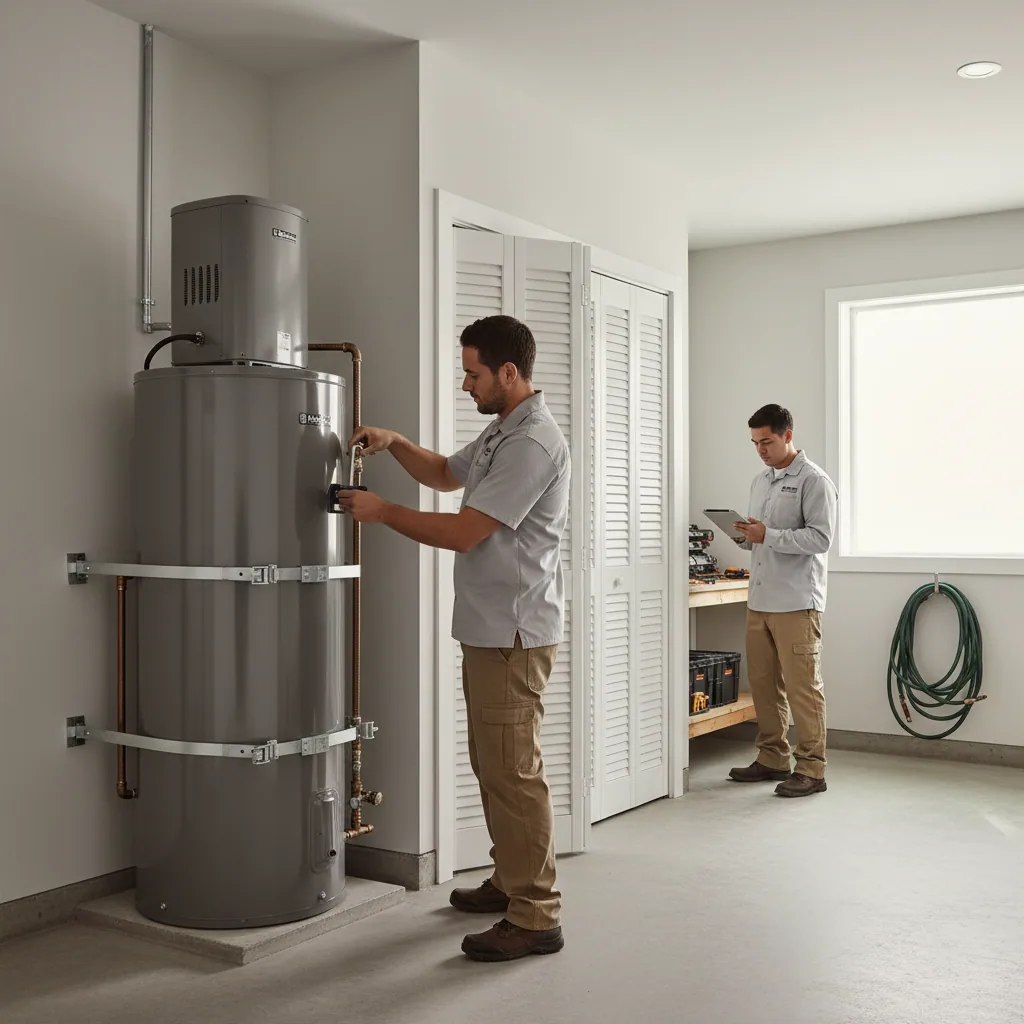 Heat pump water heater installation footprint in a modern Bay Area garage conversion