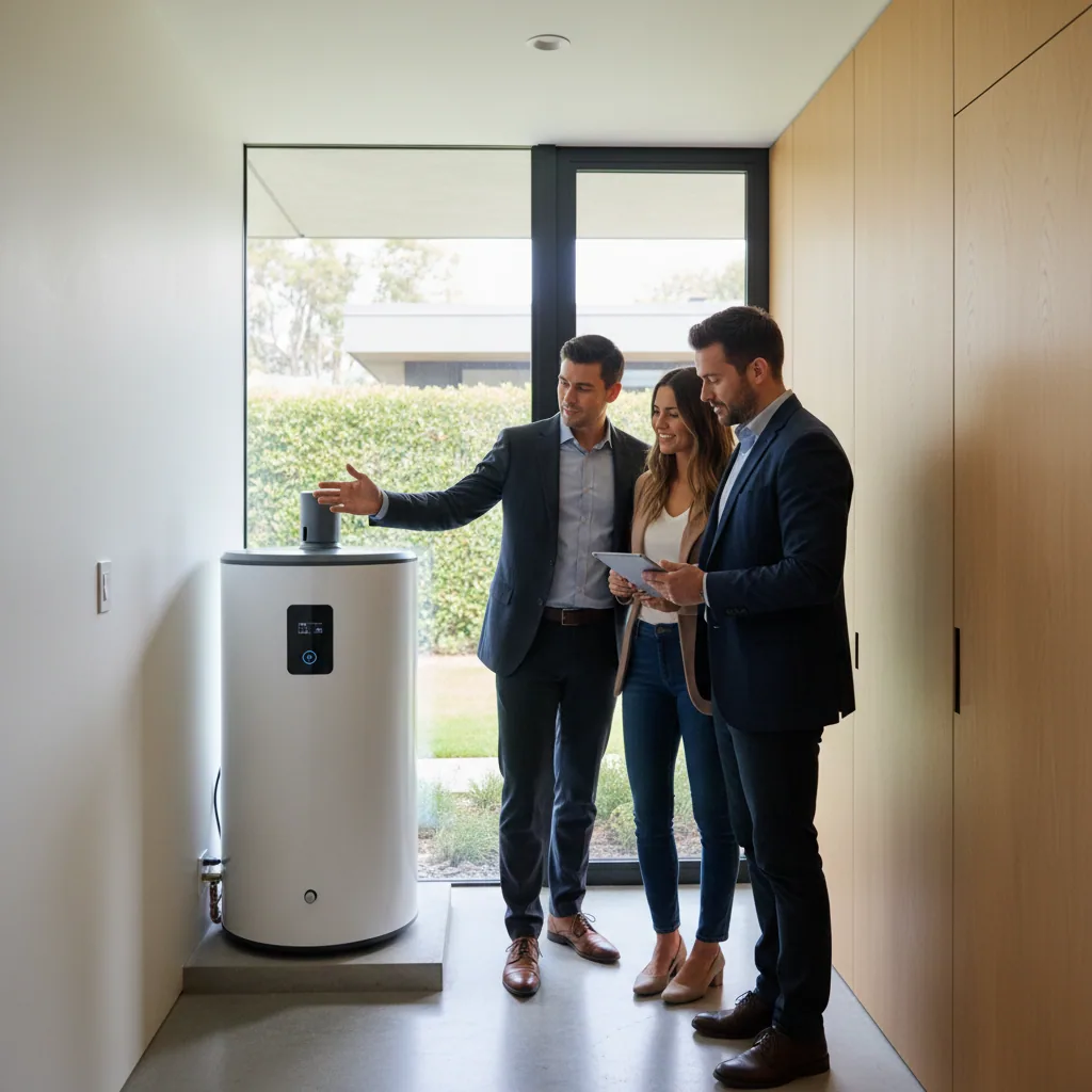 Real estate agent highlighting home resale value benefits of a heat pump water heater