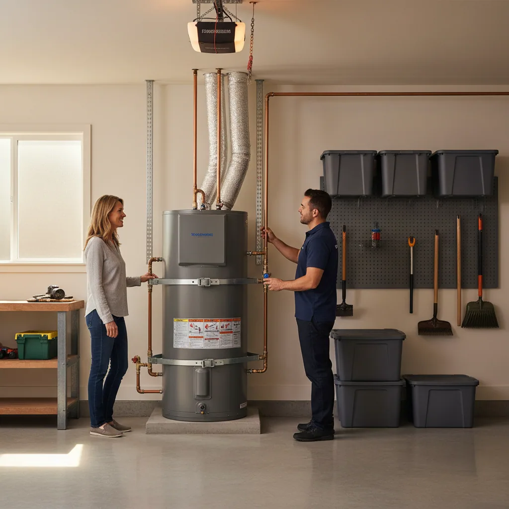 Modern heat pump installation for rental property water heaters showing seismic strapping