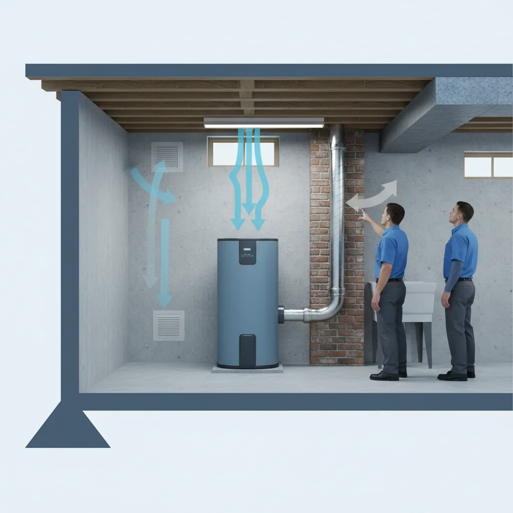 Bungalow water heater upgrade venting and airflow diagram