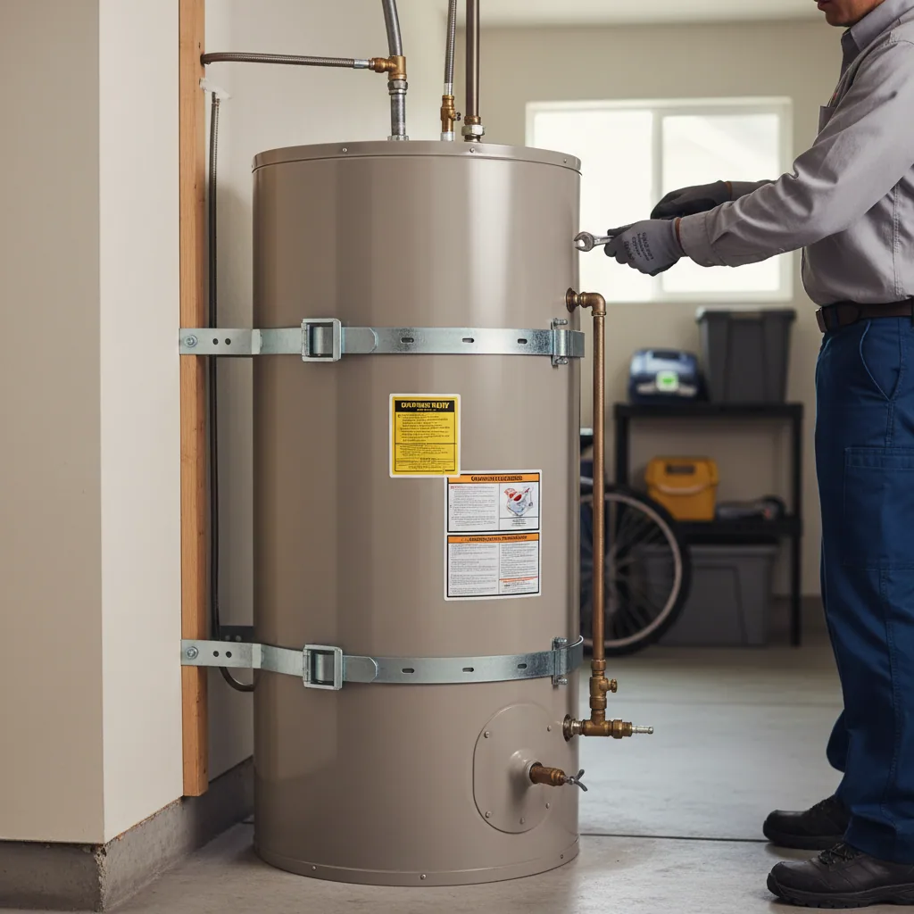 Properly installed water heater with seismic straps and water heater permits sticker