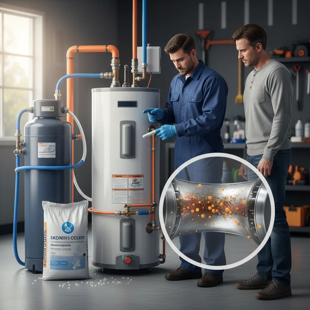 Infographic showing how water softeners accelerate water heater corrosion