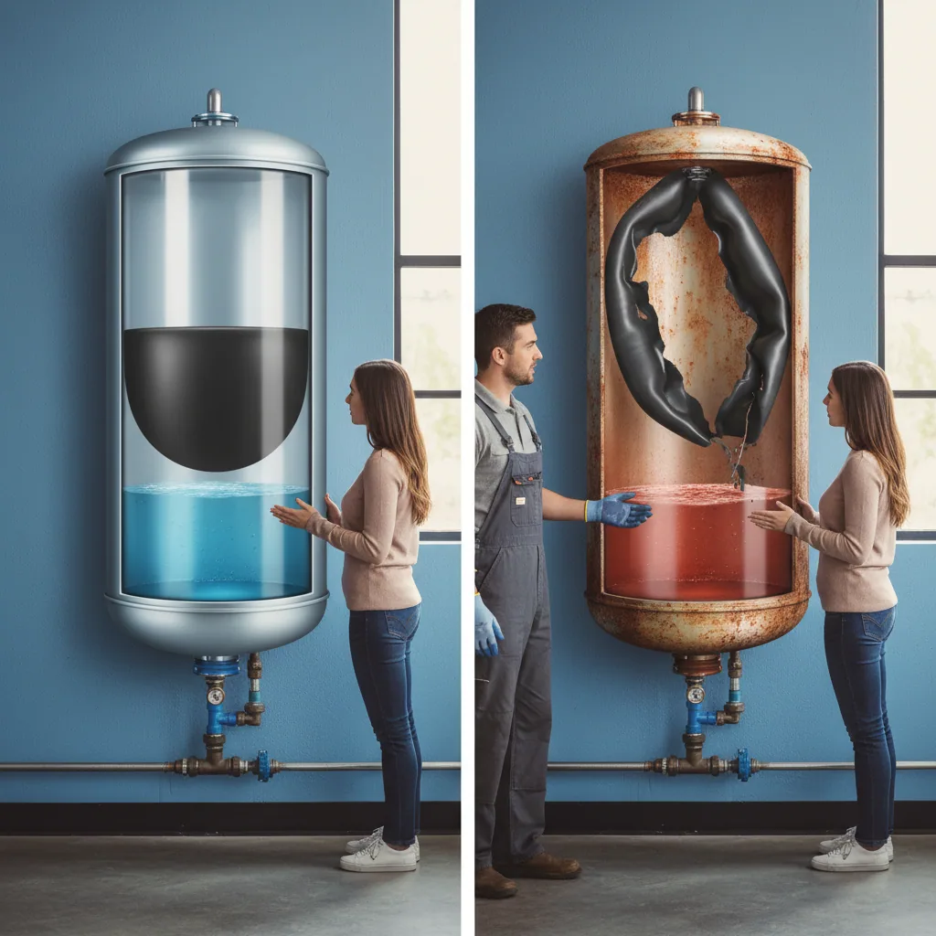 Diagram showing water heater expansion tank failure vs a healthy tank