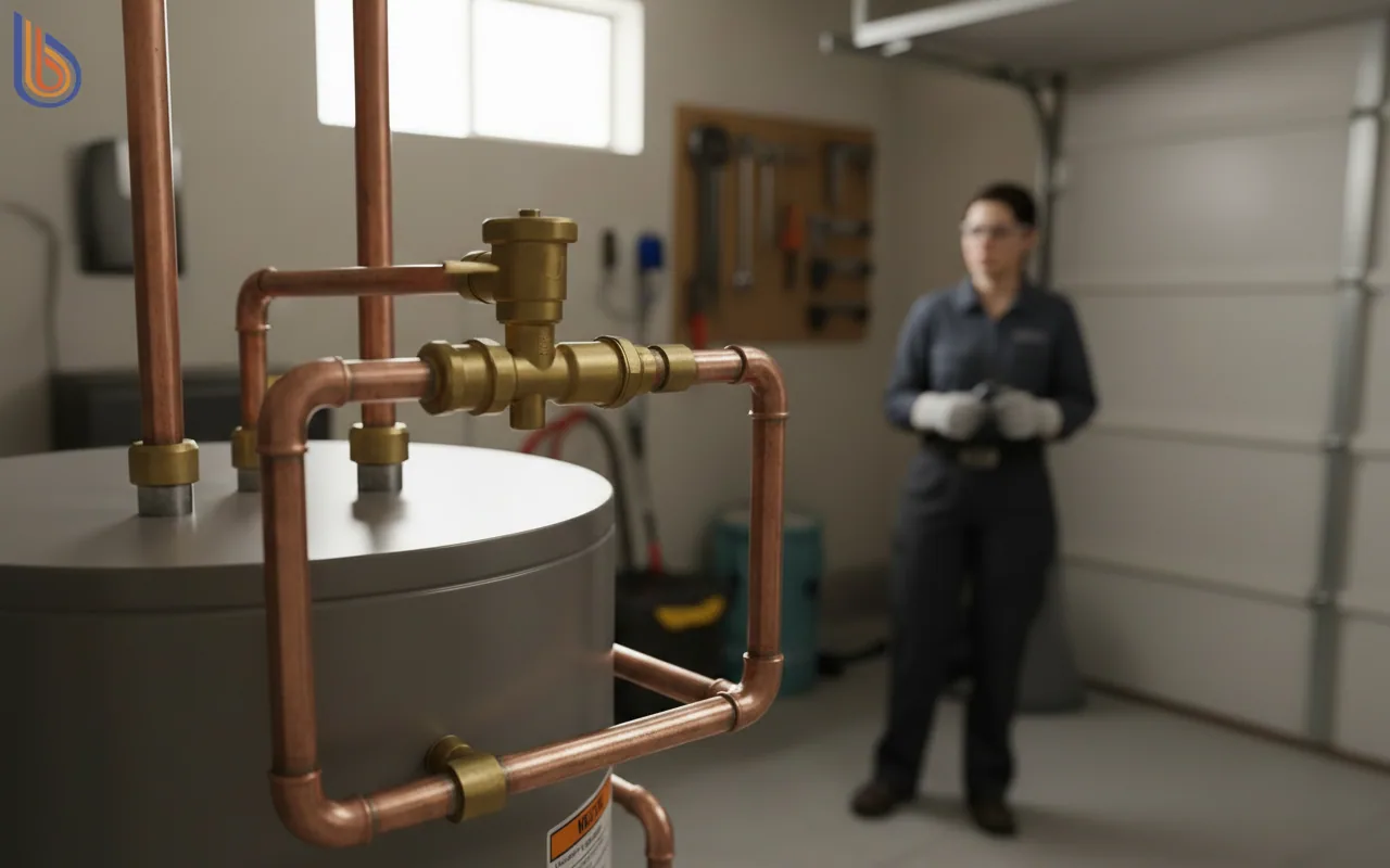 A professionally installed thermostatic mixing valve on a residential water heater for scald prevention.