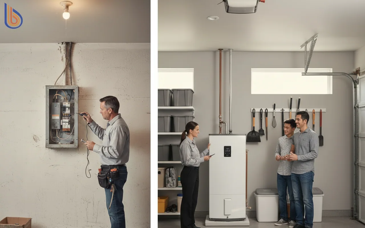 A modern heat pump transition in a Bay Area home showing electrical panel and new unit
