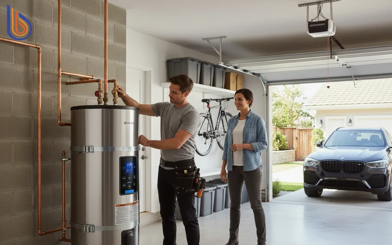 A modern heat pump water heater installation meeting 2027 gas water heater regulations in a Bay Area home.