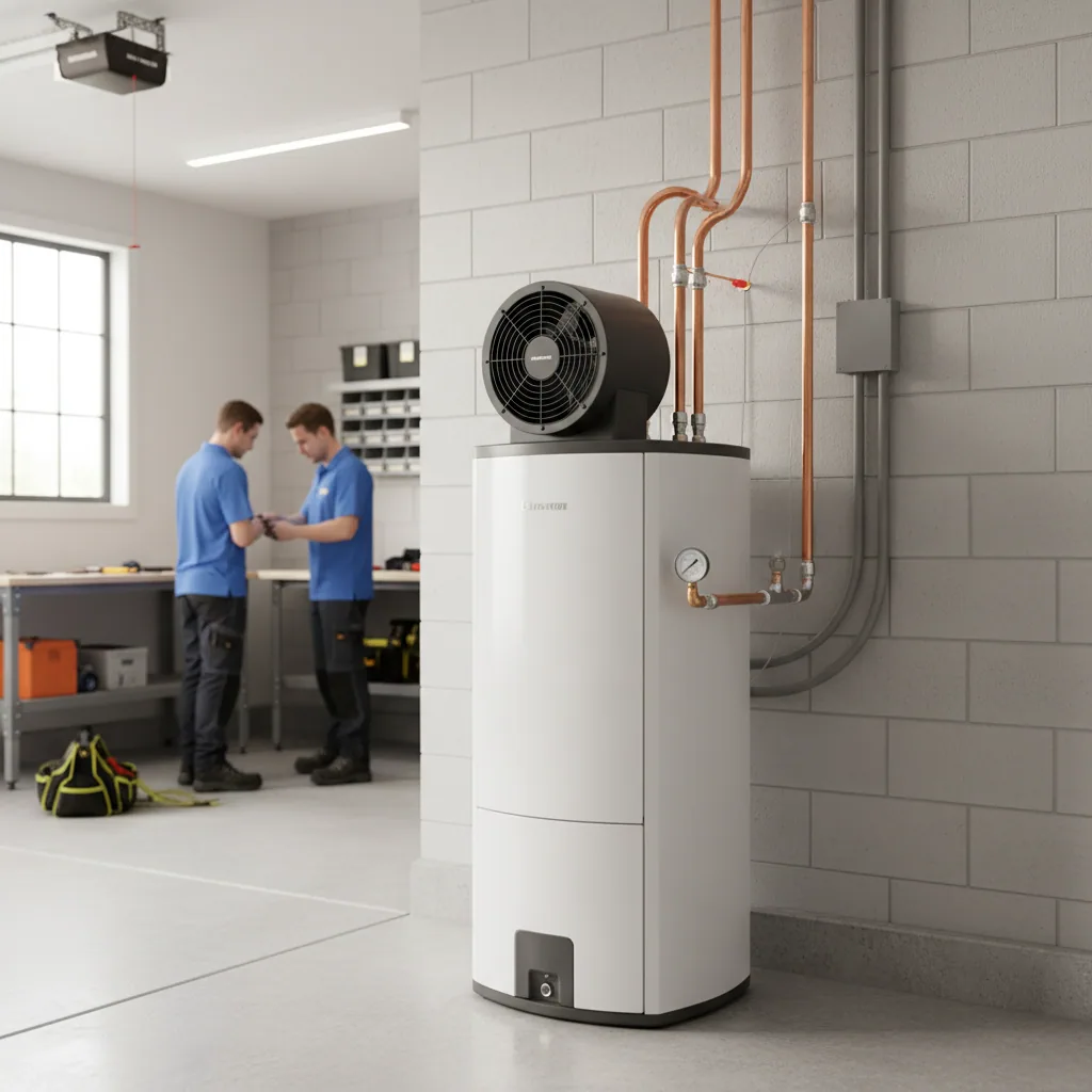 Modern heat pump water heater installation in a Bay Area garage showing the gas to electric transition