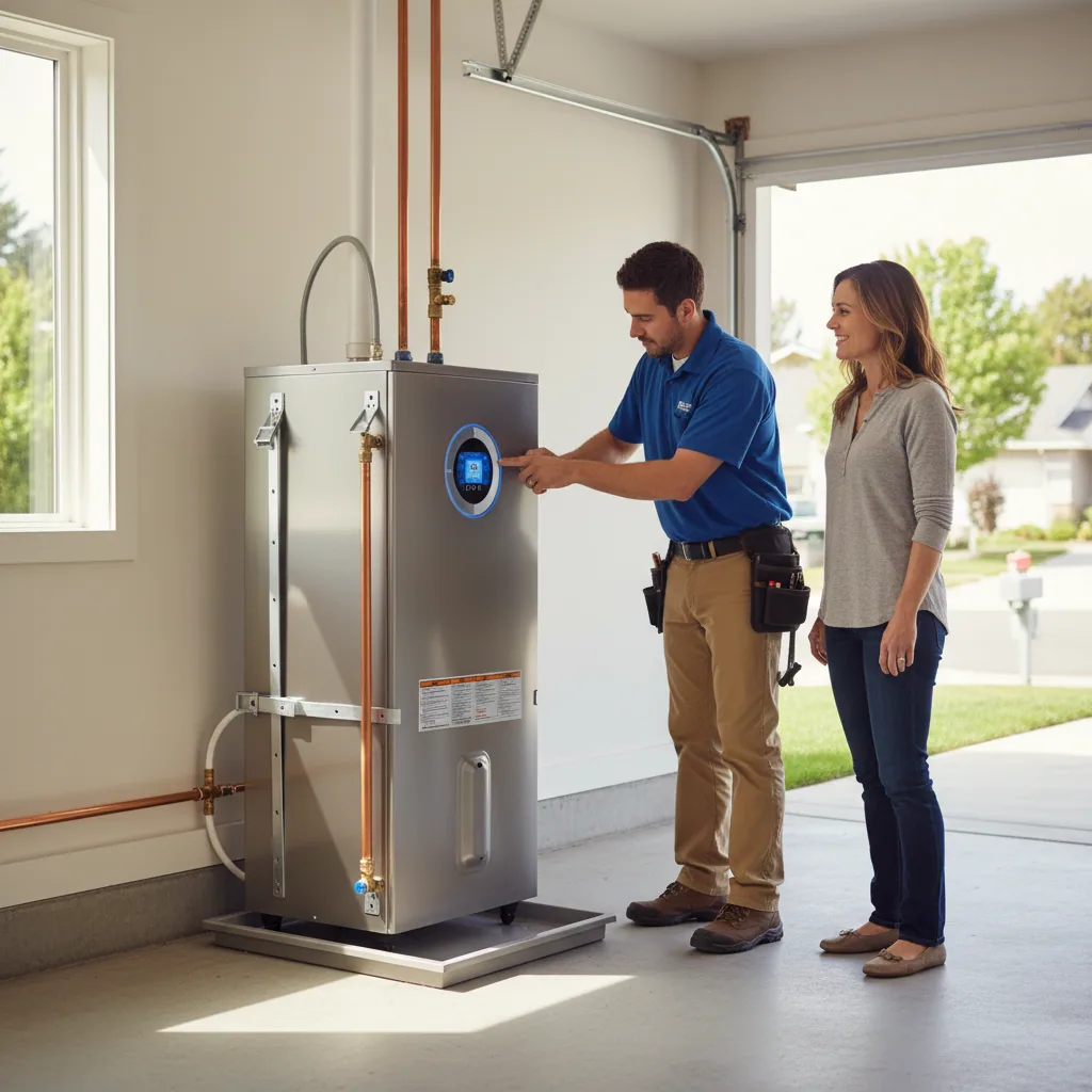 Professional heat pump zero-emission water heater installation in a Bay Area home complying with BAAQMD water heater regulations