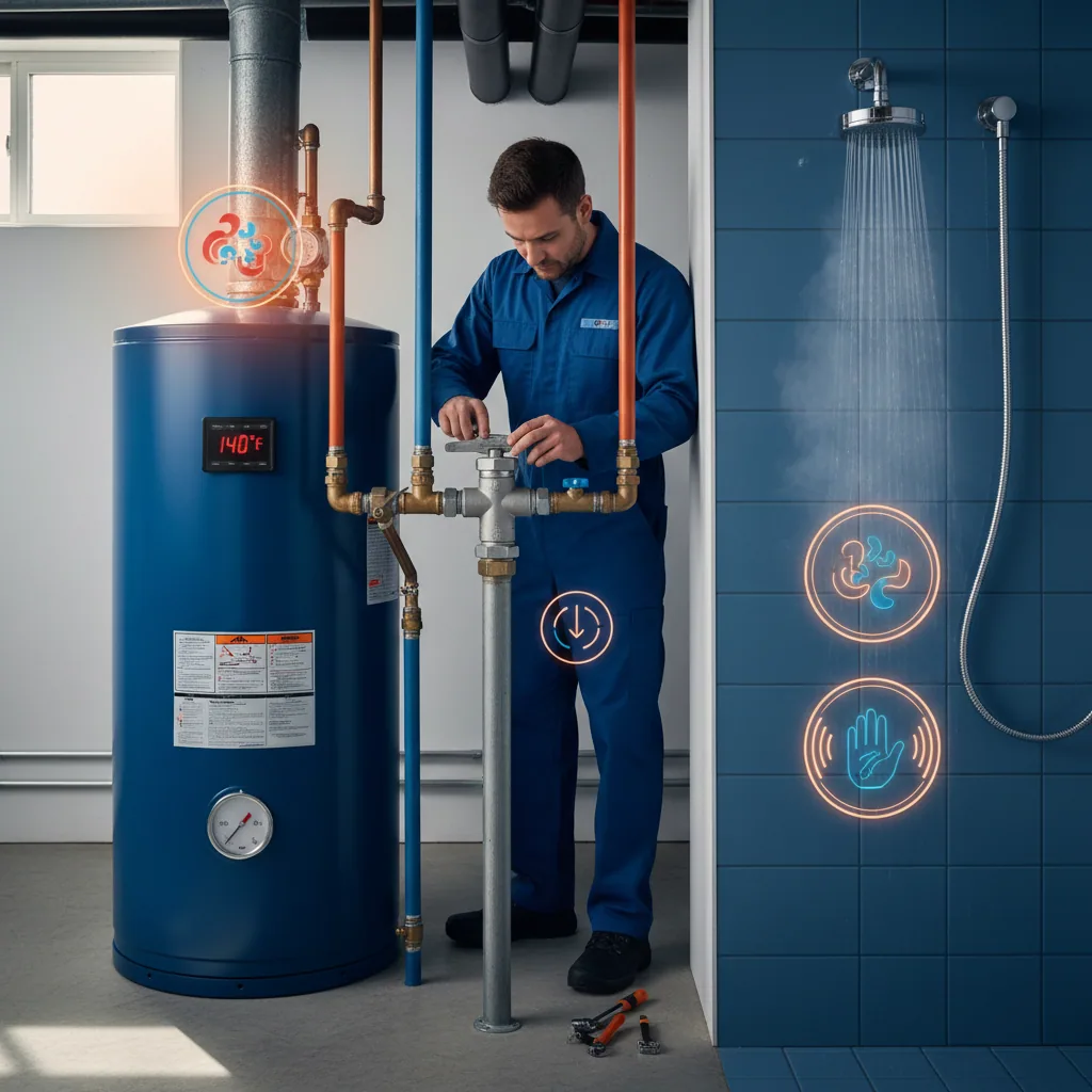 Infographic explaining how a thermostatic mixing valve increases hot water capacity while maintaining safety.