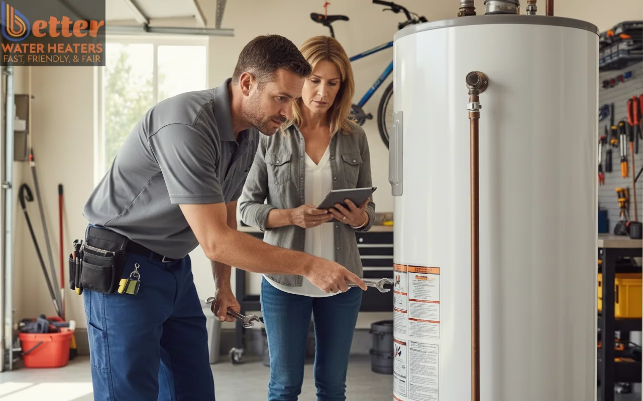 Professional plumber inspecting a water heater making noise in a Bay Area home