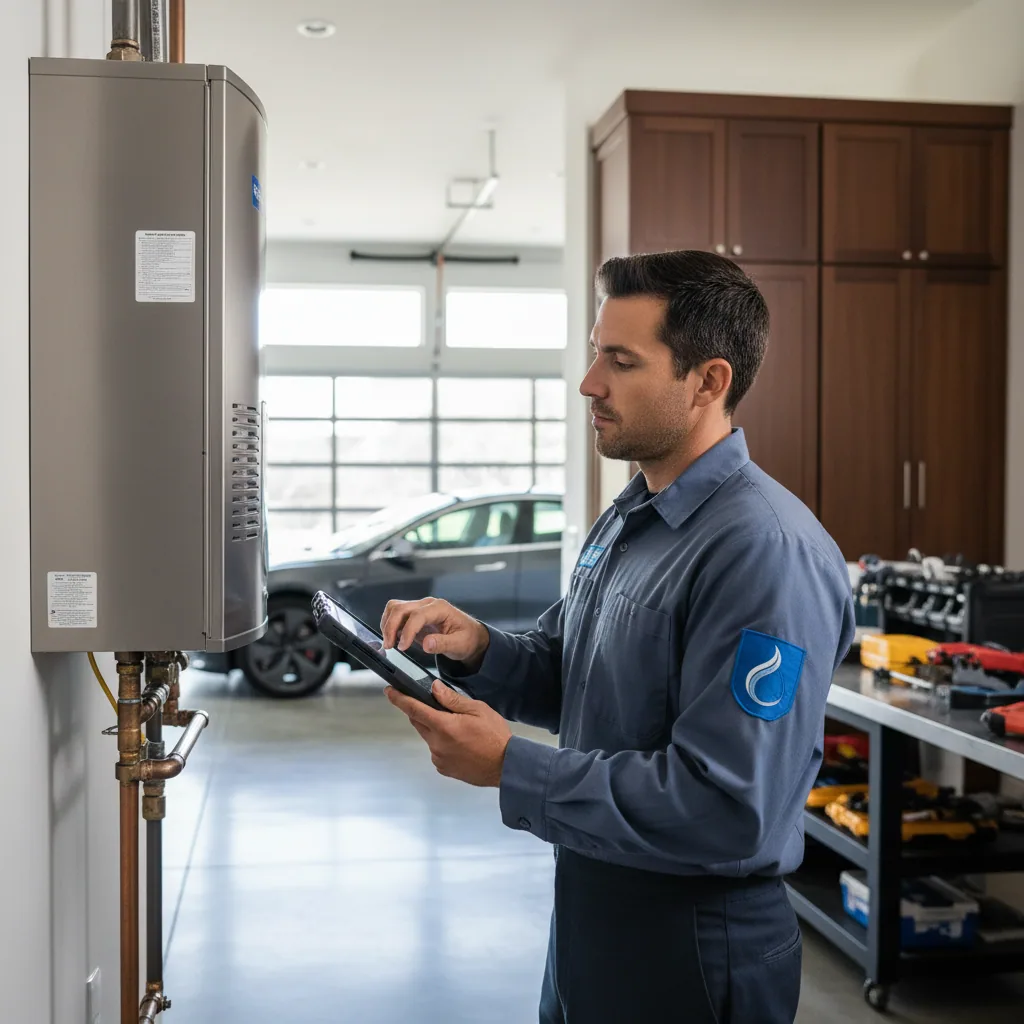 Peninsula emergency plumber inspecting a tankless water heater system
