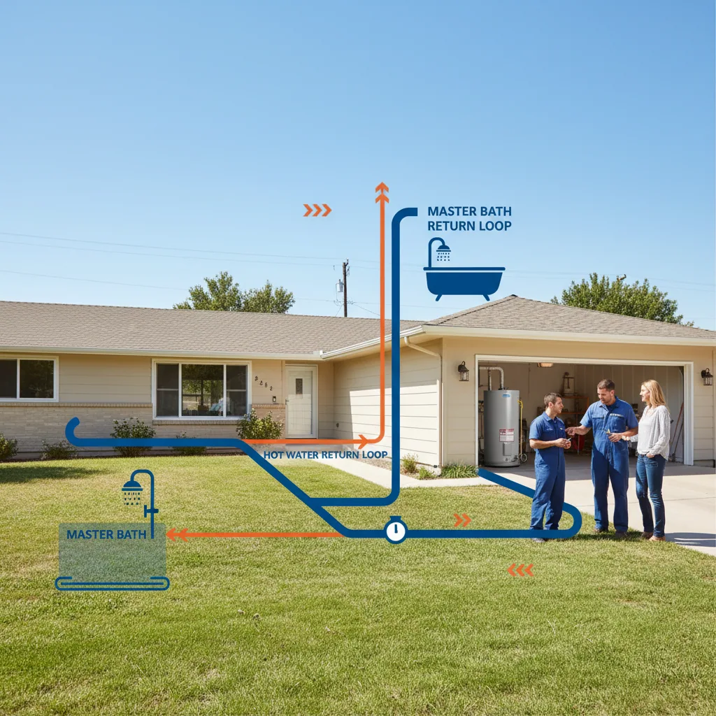 Diagram of a hot water recirculation system loop in a sprawling home