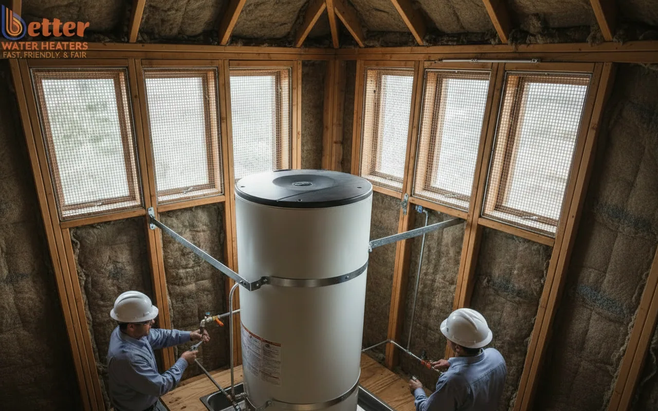 Professional attic heat pump installation with seismic strapping and condensate pan