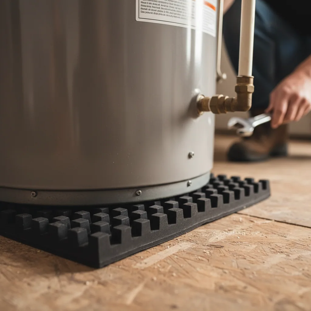 Close-up of water heater vibration isolation pad on a wood floor