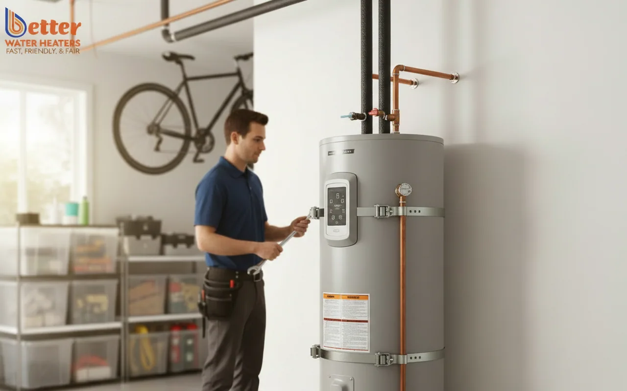 Proper water heater placement in a San Francisco garage with seismic strapping
