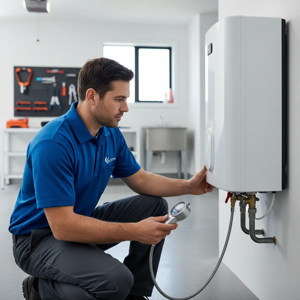 Professional water heater specialist checking for low hot water flow issues