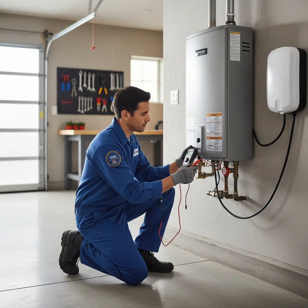 Professional technician inspecting a tankless water heater to prevent running out of hot water