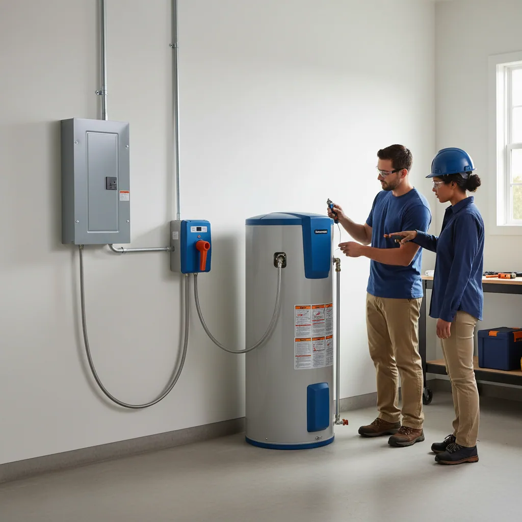 Infographic of 240V water heater electrical requirements and wiring path