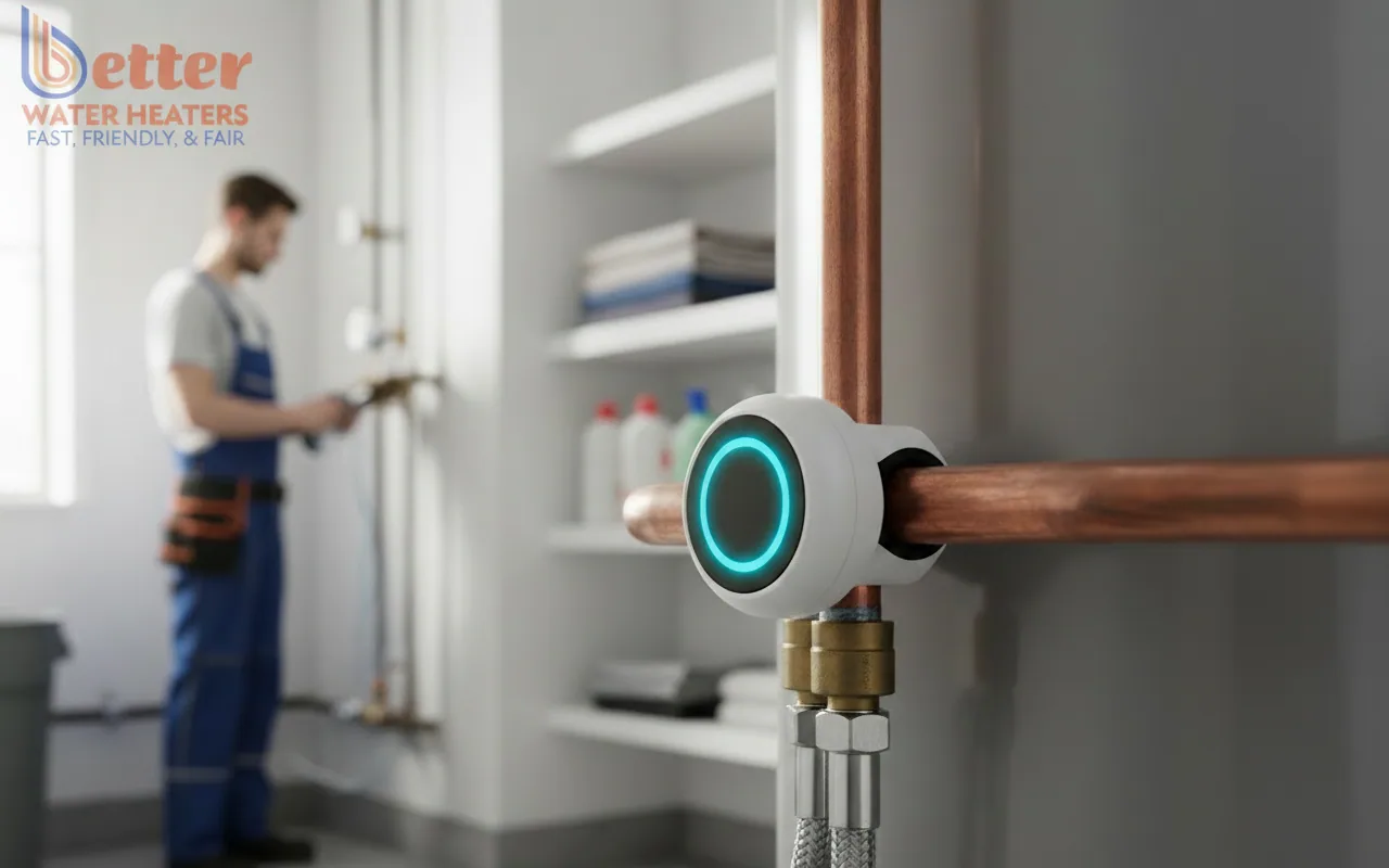 A smart water heater leak detector installed on a copper pipe in a Bay Area home