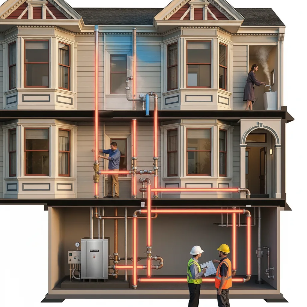 Infographic showing multi-unit water heating distribution and thermal loss