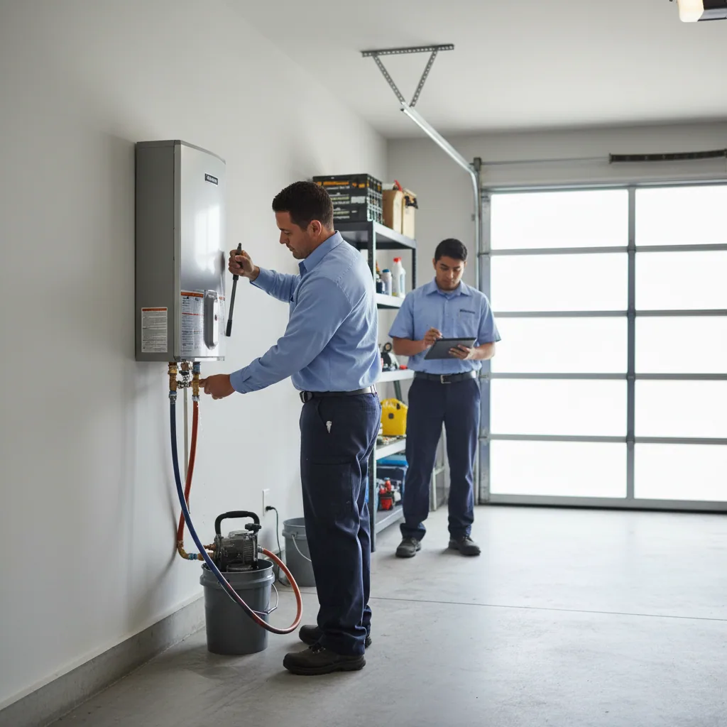 Professional water heater maintenance by city expert descaling a tankless unit