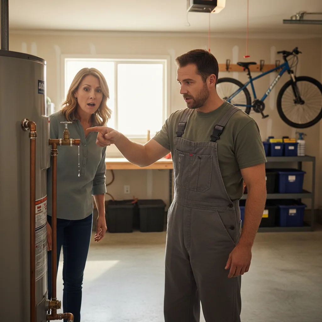 Plumber inspecting a leaking water heater pressure relief valve