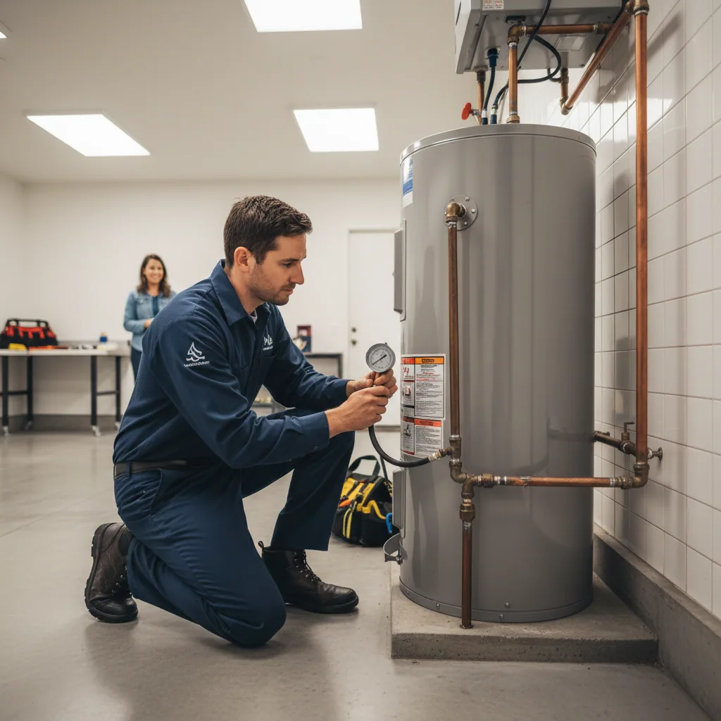 Plumber checking low hot water pressure with a professional gauge