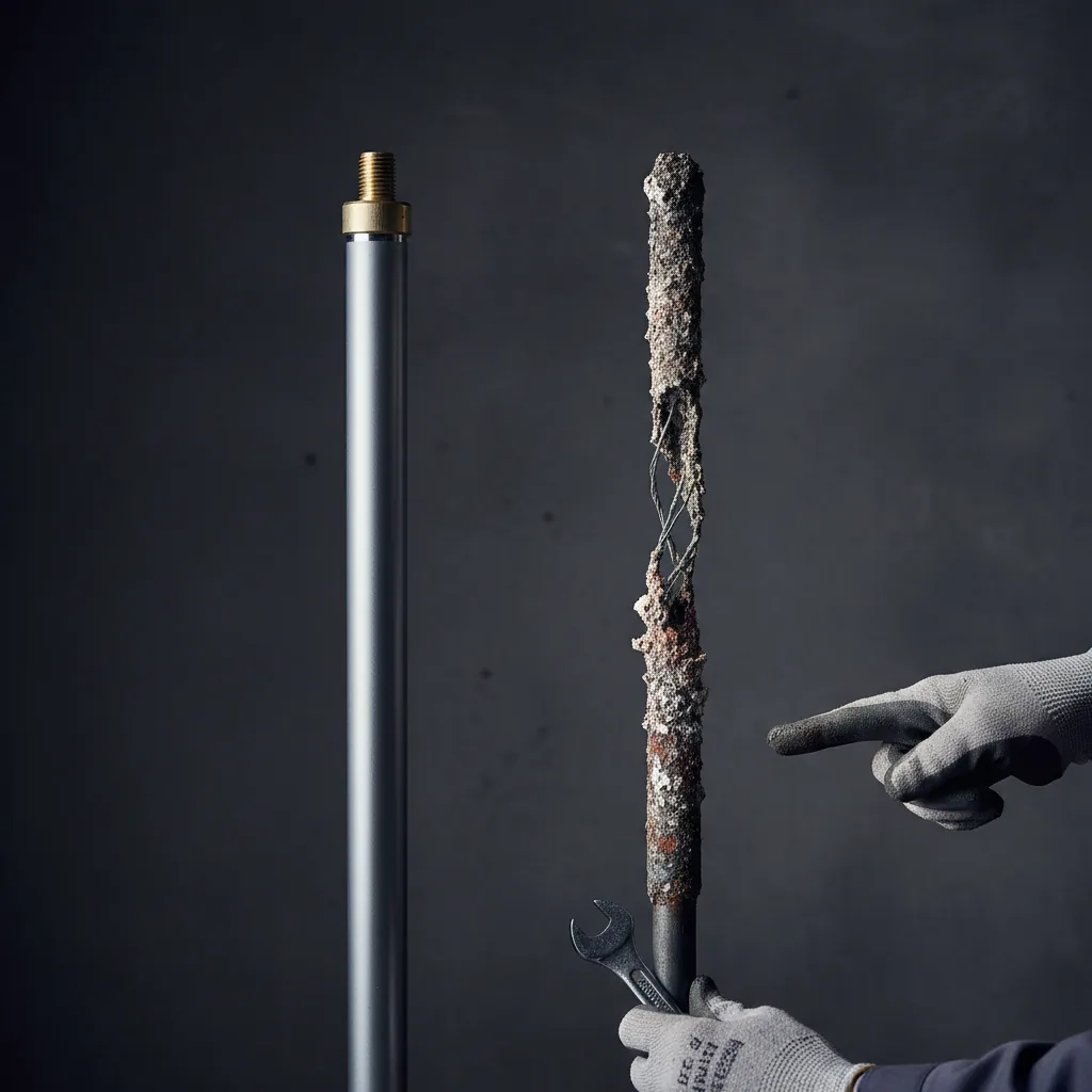 Comparison of new vs corroded anode rod affecting water_heater_warranty