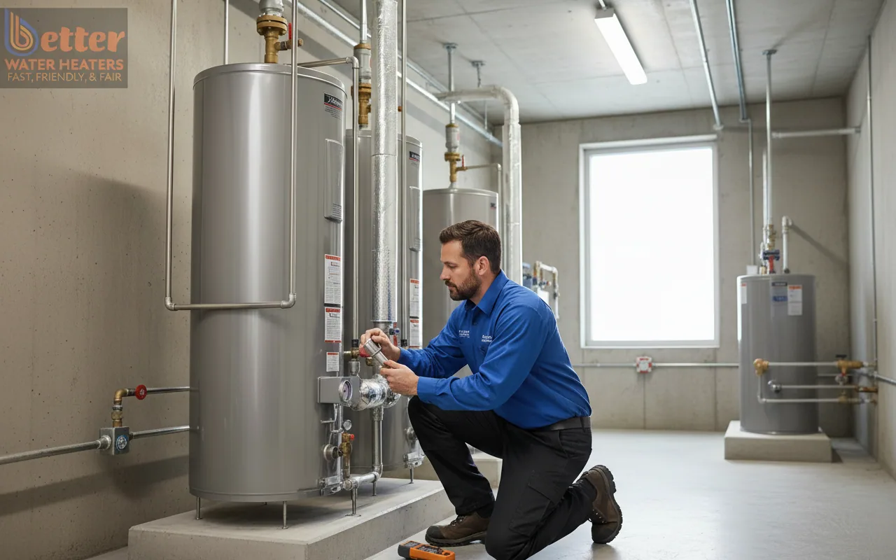 Professional performing a water heater life-cycle audit in a Bay Area apartment complex