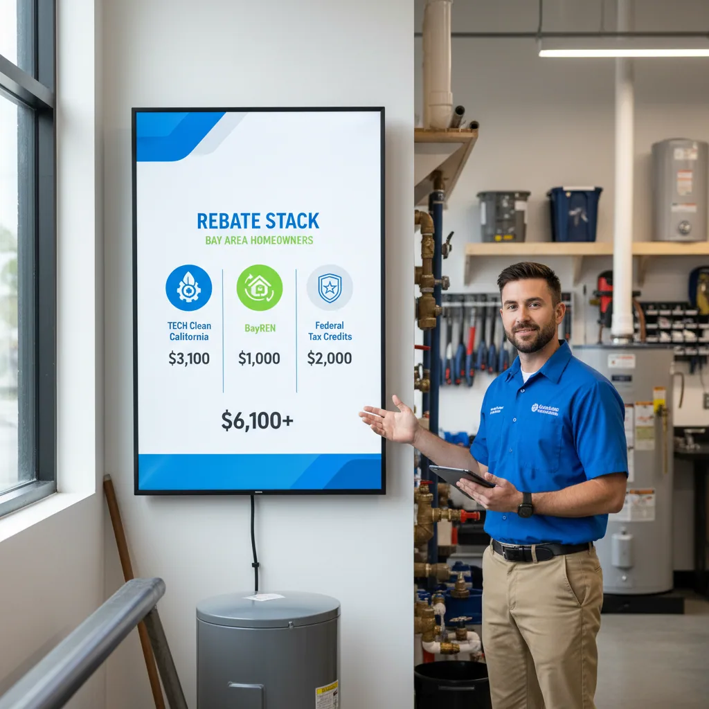 Infographic showing how to stack rebates for heat pump water heaters in the Bay Area