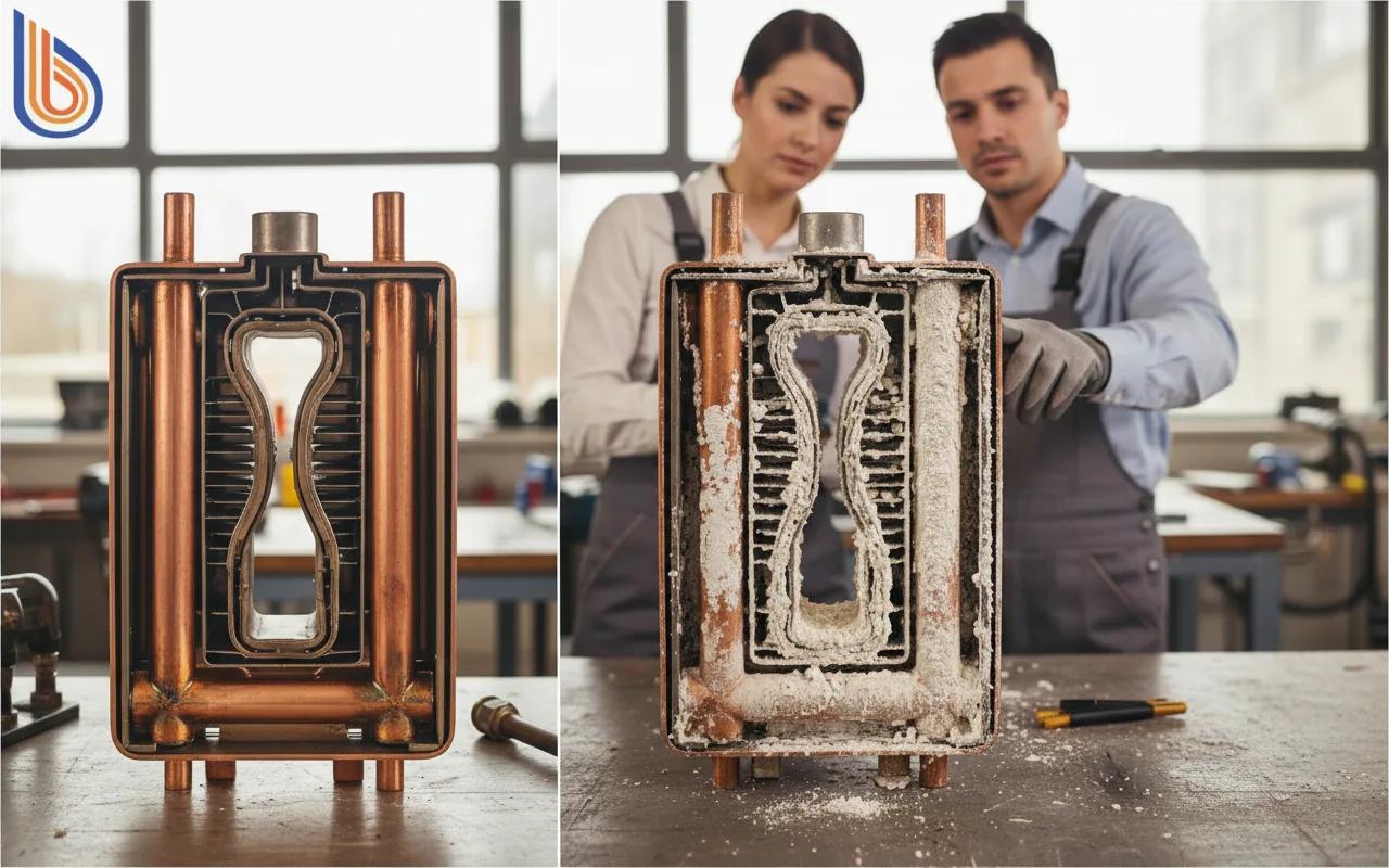 Comparison of clean vs scaled heat exchanger showing hard water damage