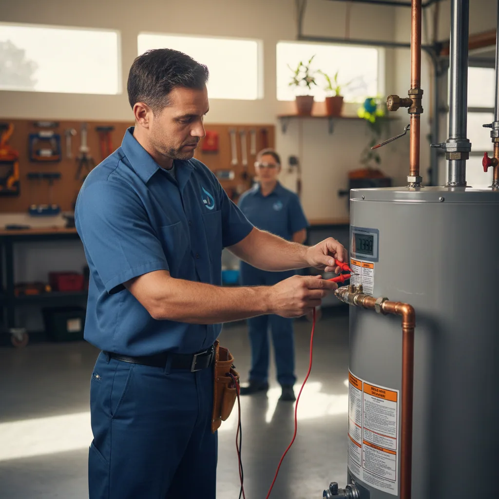 Technician performing electric water heater troubleshooting with a multimeter