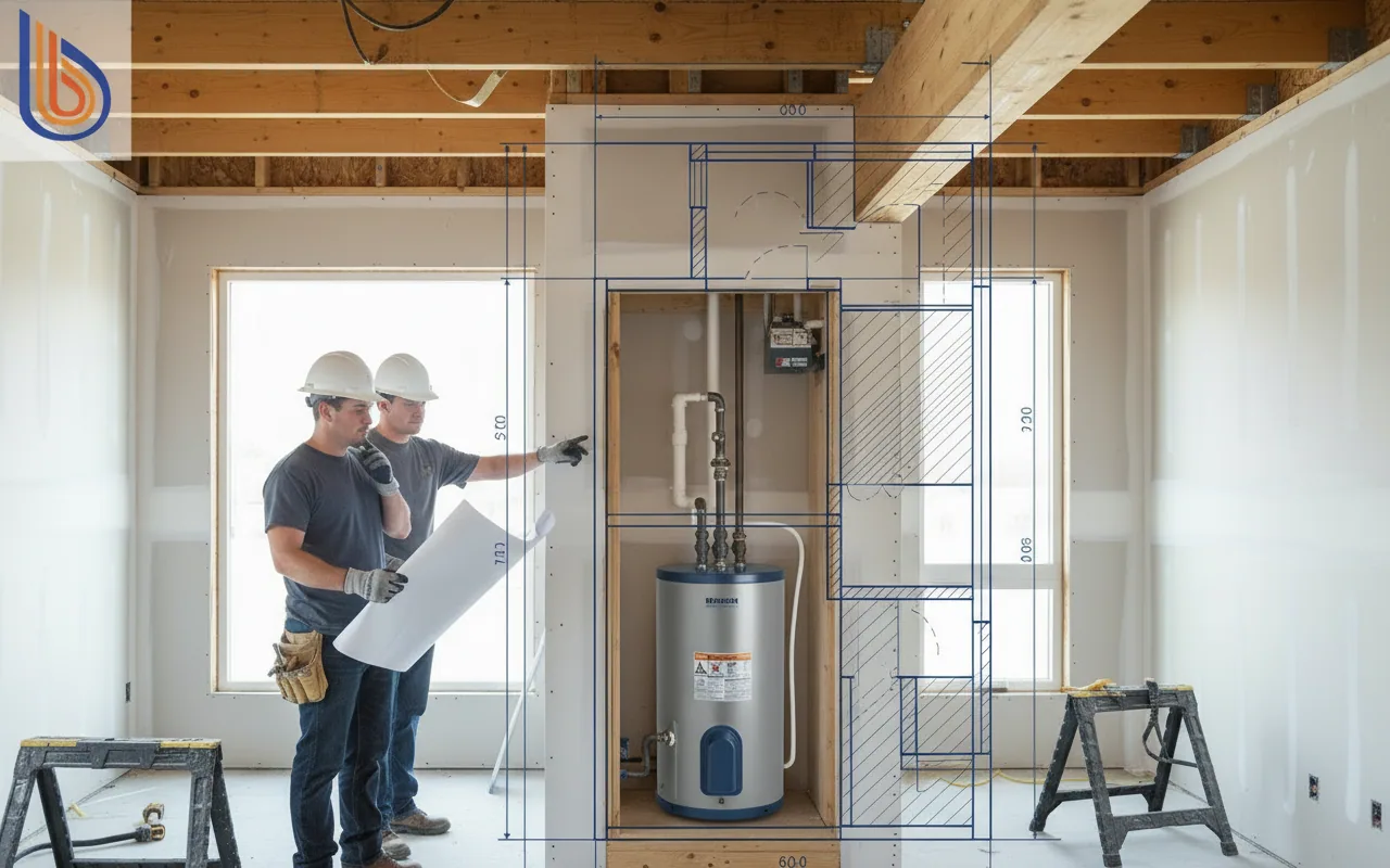 Architectural floor plan showing ADU water heater requirements and mechanical footprint