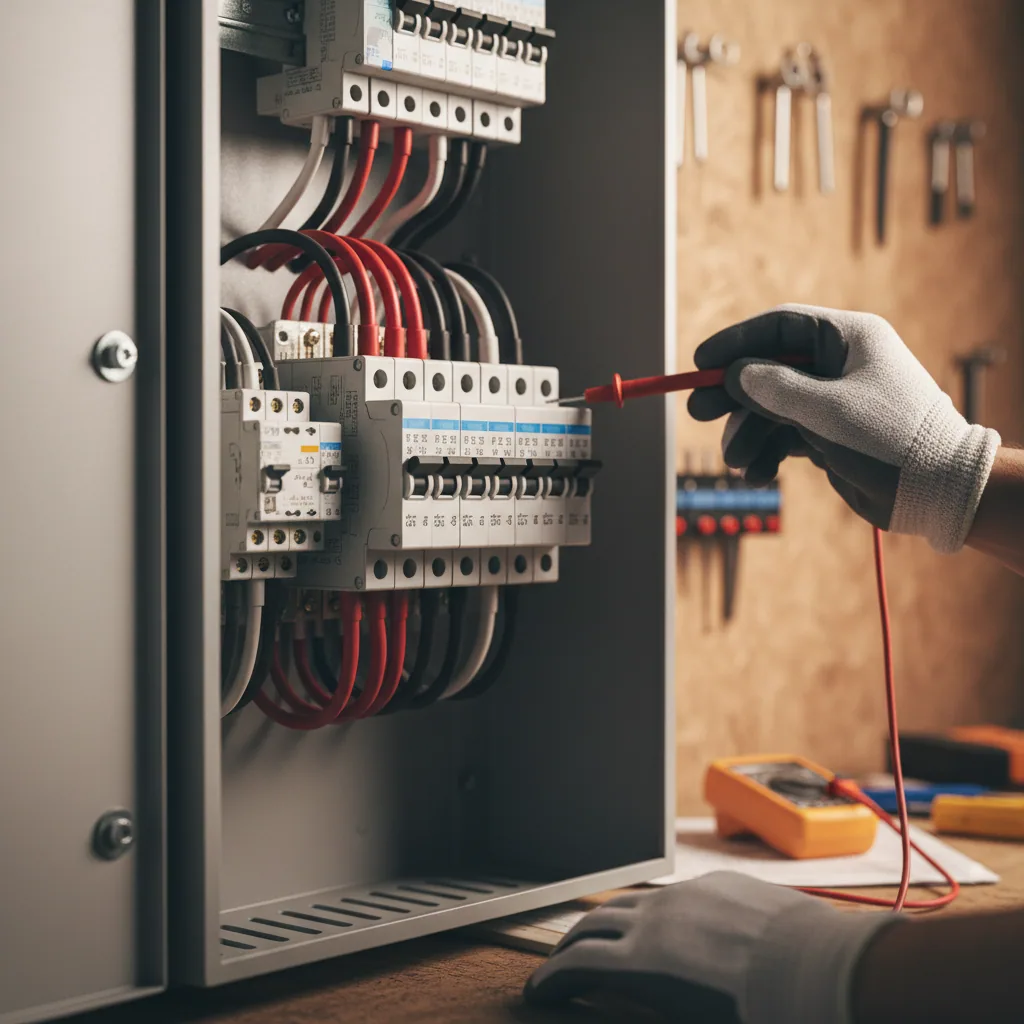 Electrical panel showing water heater power requirements and breakers