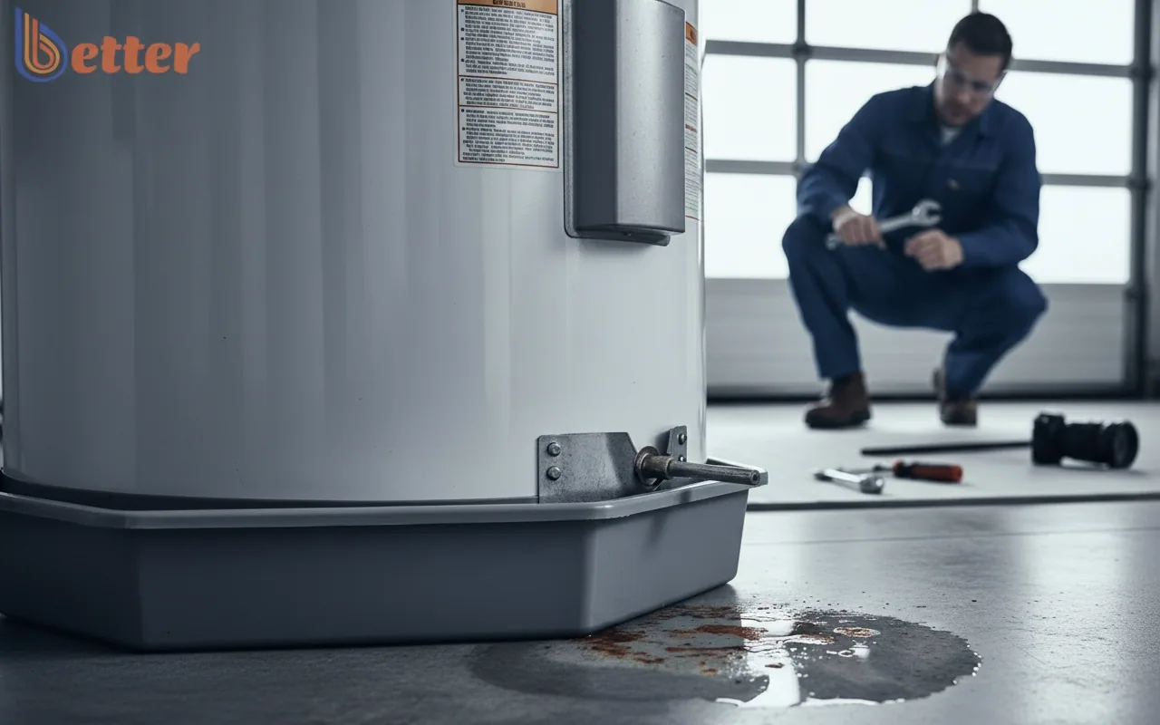 Close up of a water heater leaking from bottom showing rusty water on a garage floor