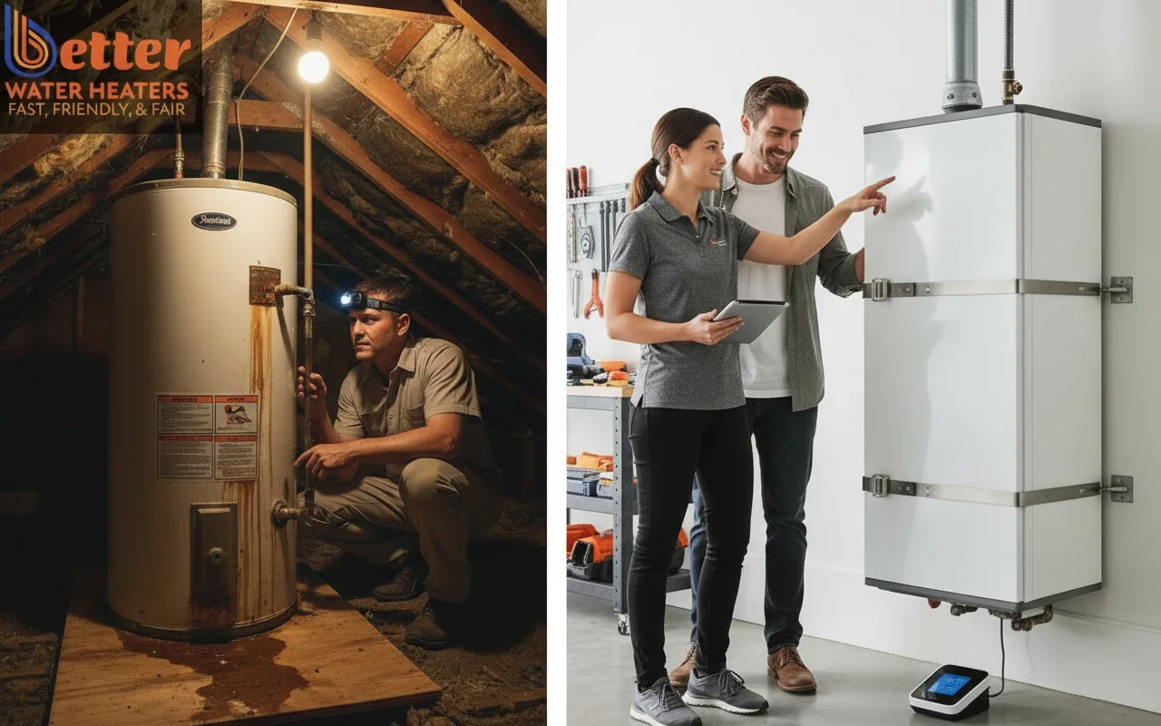 Comparison of risky attic installation vs safe water heater relocation in a Bay Area garage