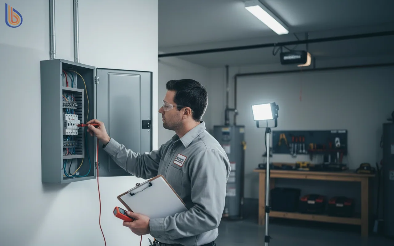 An electrician performing a Bay Area electrical panel audit to check for heat pump capacity