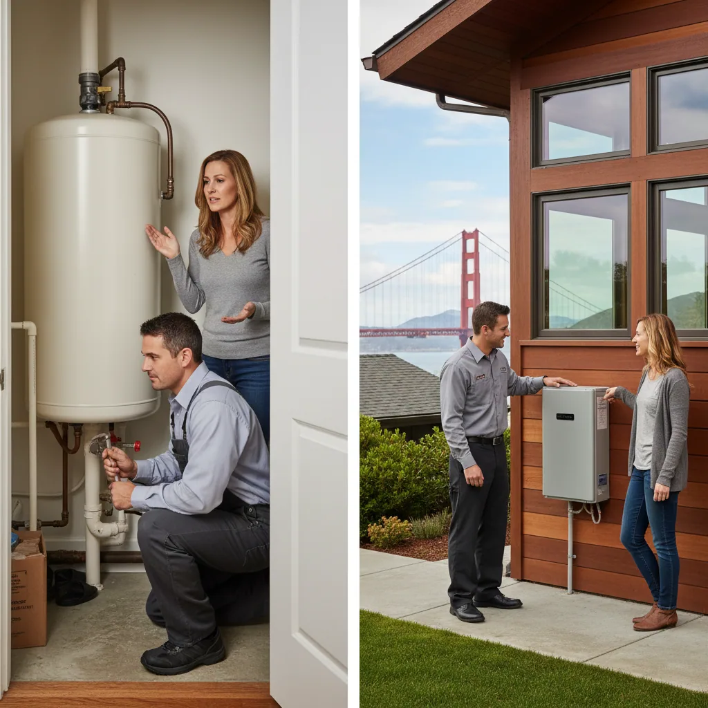 Comparison of traditional tank vs tankless water heater clearance in ADU