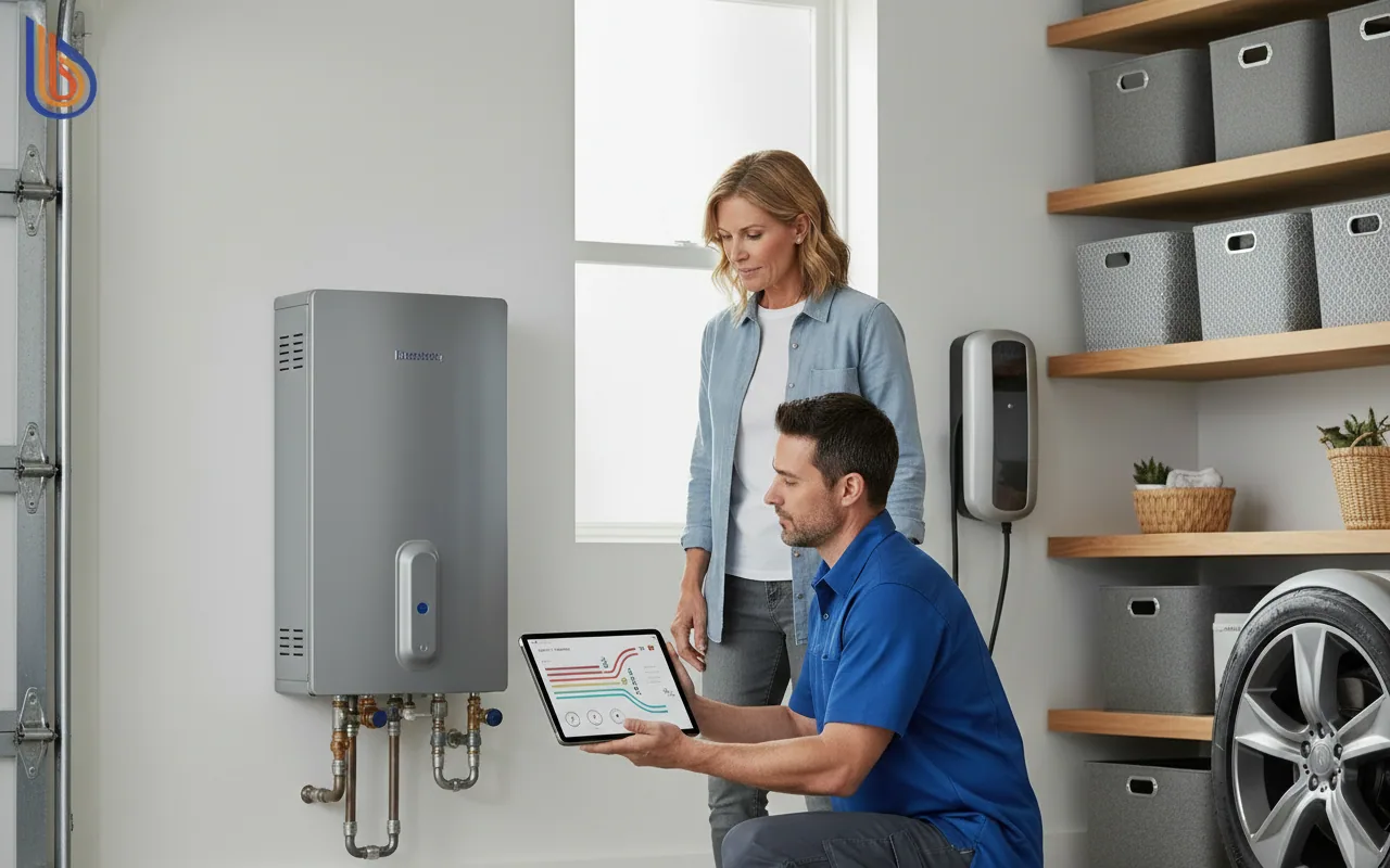 Professional plumber helping a homeowner decide to repair or replace water heater