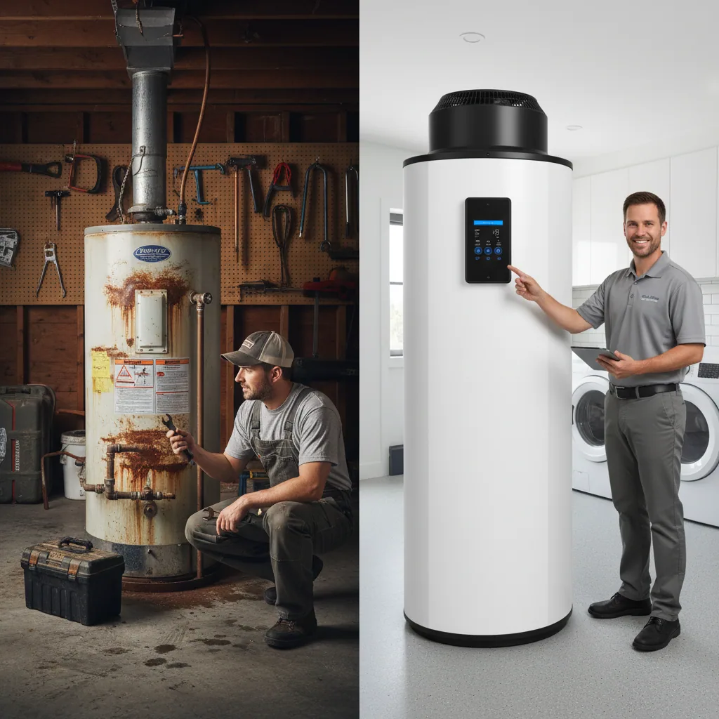 Comparison of old gas unit vs new compliant unit for Bay Area gas water heater ban
